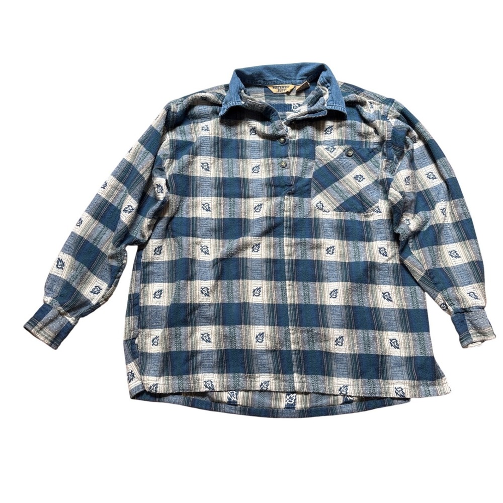 Northwest Blue Plaid Pullover Mens Blue Good Leaf Embroidered‎ Cotton SIZE M